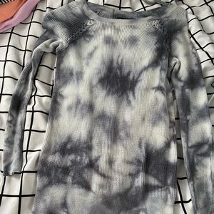 navy blue tie die sweater with braid detail